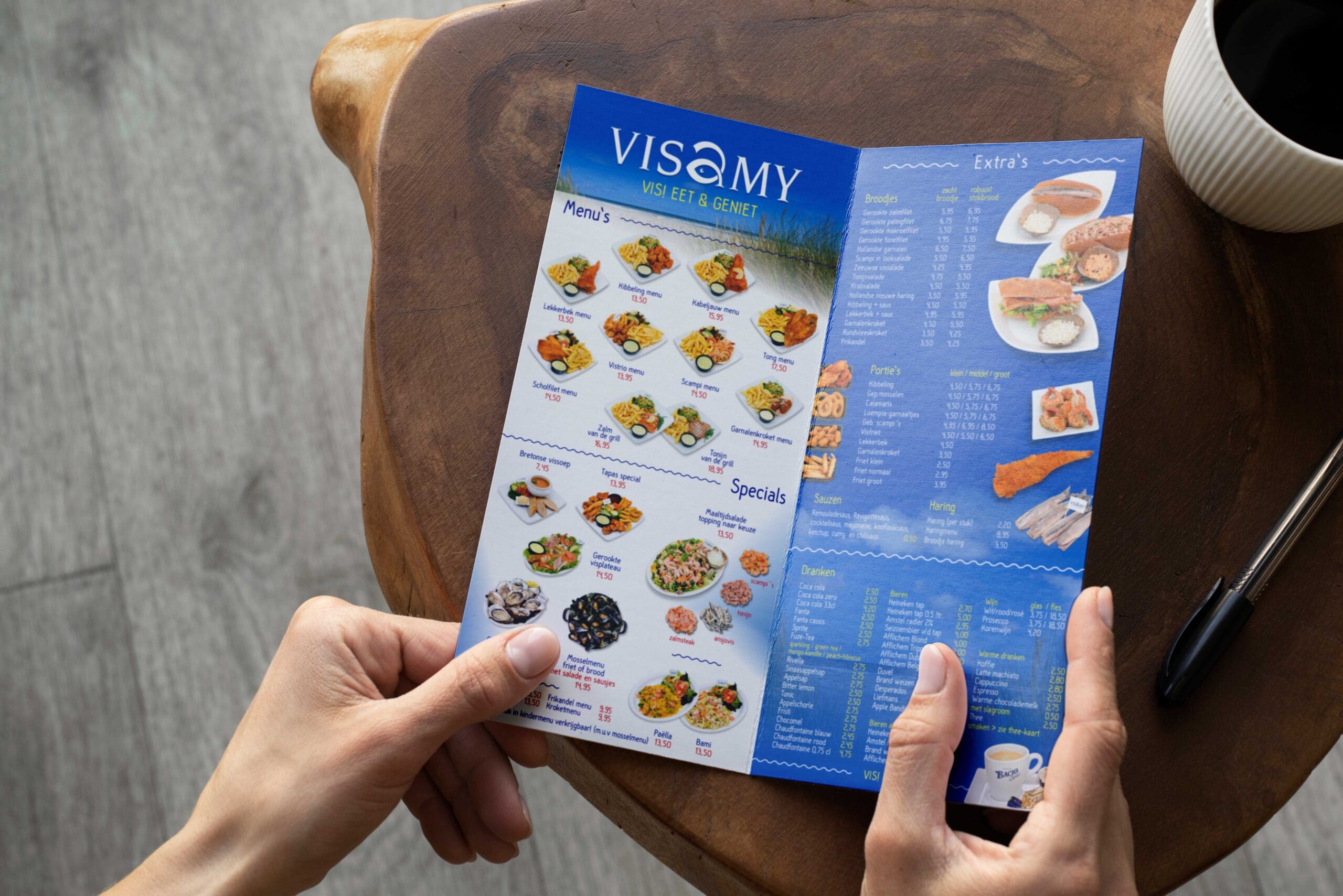 Geprinte menukaart voor VisAmy