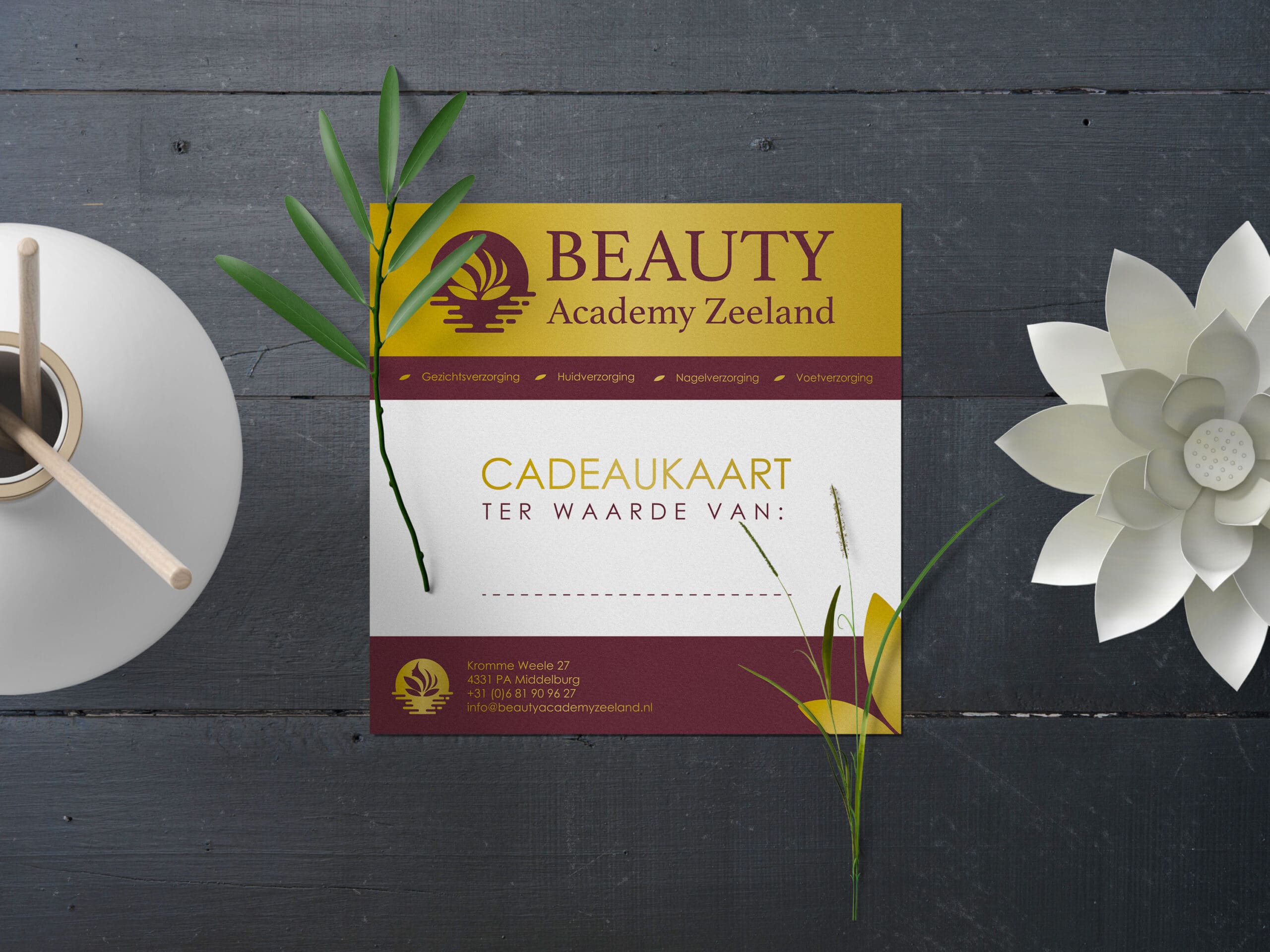 Huisstijldrukwerk cadeaukaart voor Beauty Academy Zeeland